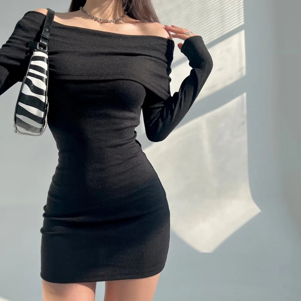 Váy noel len body trễ vai SANJOLI đầm len body trễ vai thời trang thu đông hot girl sexy sang chảnh VD007