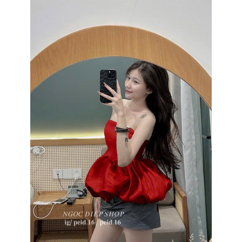 SET ÁO CÚP ĐỎ PHỒNG - CHÂN VÁY XÁM