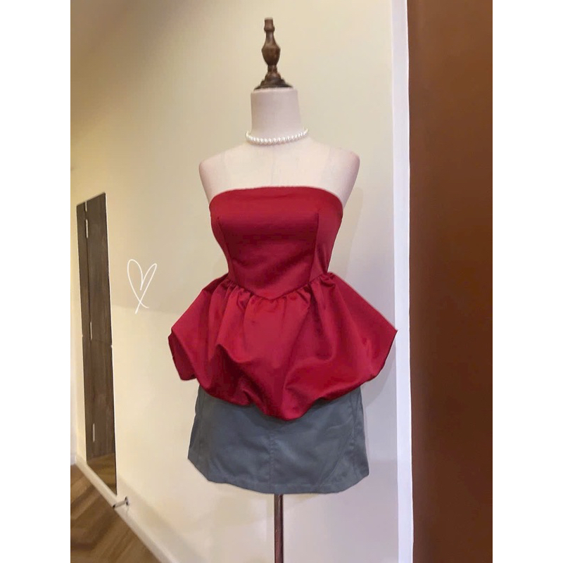 SET ÁO CÚP ĐỎ PHỒNG - CHÂN VÁY XÁM