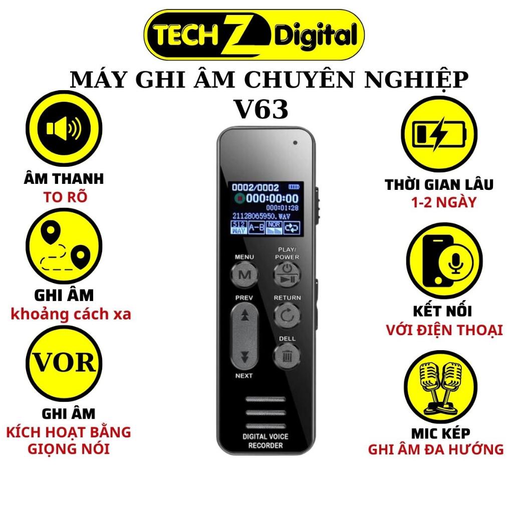 Máy ghi âm chuyên nghiệp V63 64GB thương hiệu korea, máy được trang bị bộ mic kép cho chất lượng âm to rõ, pin 7 ngày