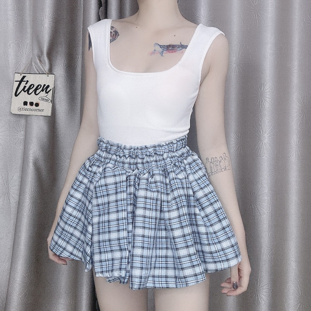 Chân váy sọc caro form xòe có lót trong xếp ly lưng thun form dáng basic cơ bản tieencorner 411