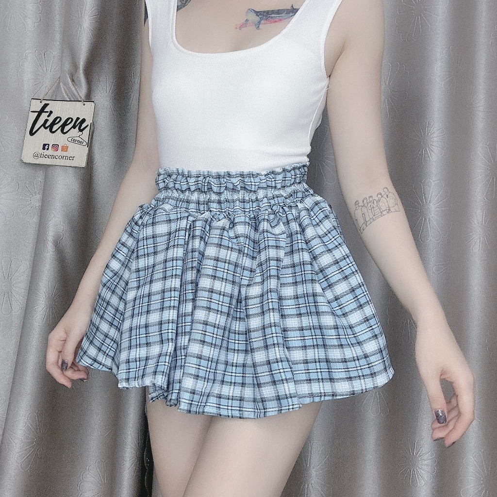 Chân váy sọc caro form xòe có lót trong xếp ly lưng thun form dáng basic cơ bản tieencorner 411