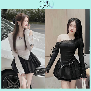 Set Áo Lệch Vai Đính Nơ Tay + Chân Váy Xoè Tầng, Set Đồ Nữ Dự Tiệc Sang Chảnh