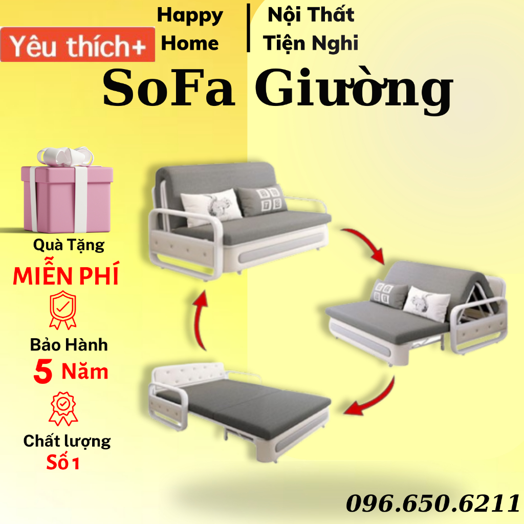 (ƯU ĐÃI) Giường Sofa Gấp Gọn, Sofa Giường Thông Minh Gấp Gọn Happy_Home, Ghế Sofa Kéo Ra Thành Giường Có Đệm Và Gối Sẵn
