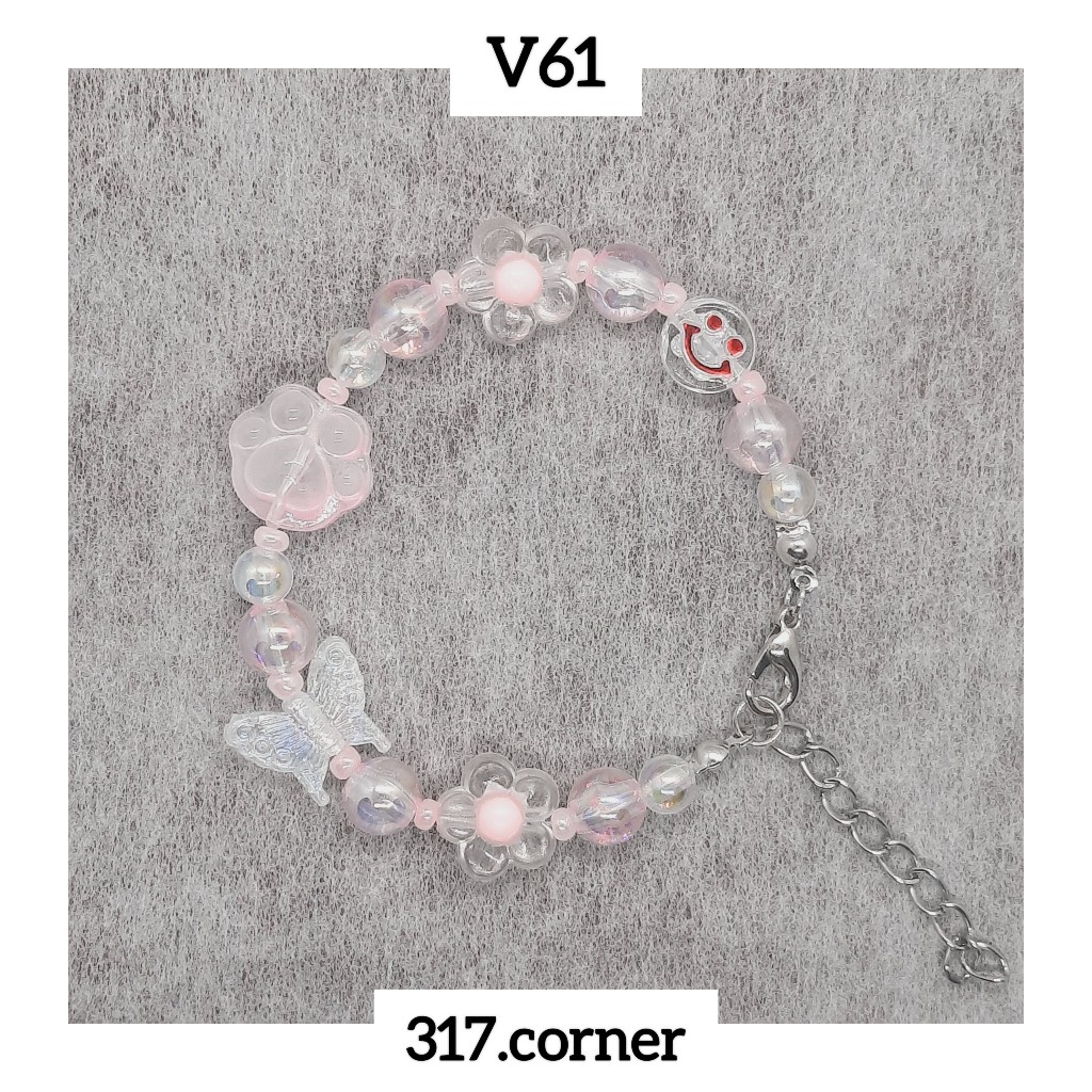 Vòng tay chân mèo hạt cườm phối charm (tone hồng) - V61 - 317.corner