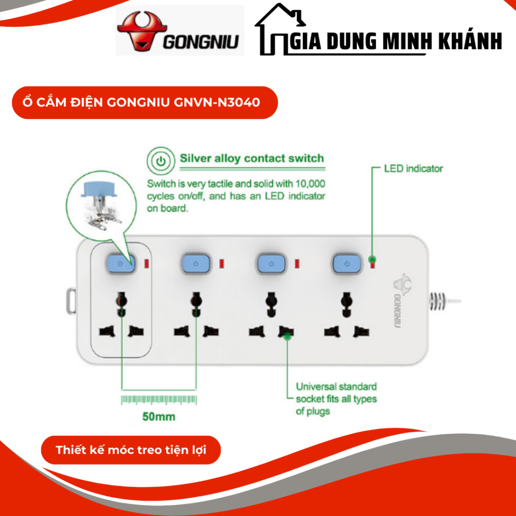 Ổ cắm điện Gongniu N3040-  4 Ổ đa năng, 4 công tắc, công suất 2500W, 5.000 lần cắm rút không bị lỏng, an toàn cho bạn