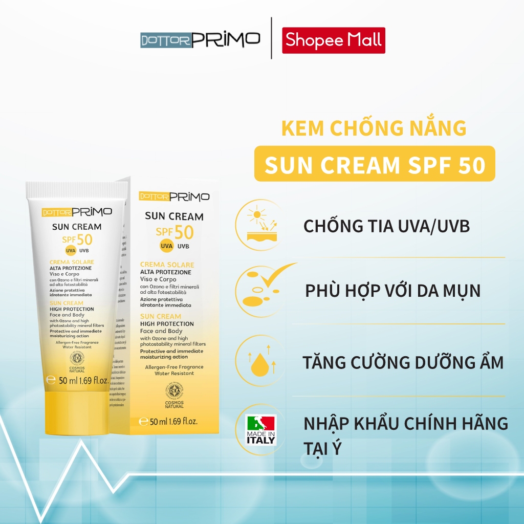 Kem Chống Nắng Vật Lý DottorPrimo Sun Cream SPF50 - Dành Cho Da Mụn Và Da Nhạy Cảm 50ml