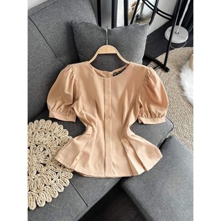Áo cổ tròn tay búp thắt eo peplum