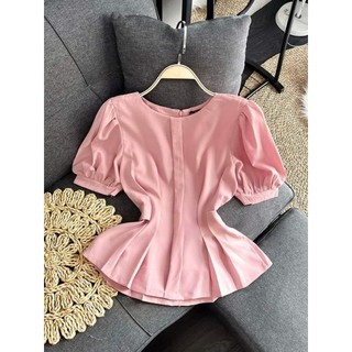 Áo cổ tròn tay búp thắt eo peplum