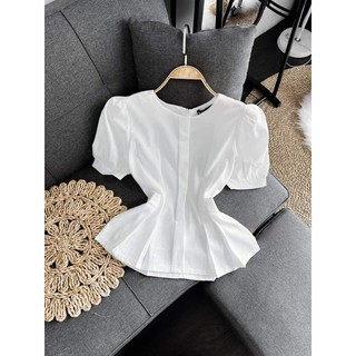Áo cổ tròn tay búp thắt eo peplum