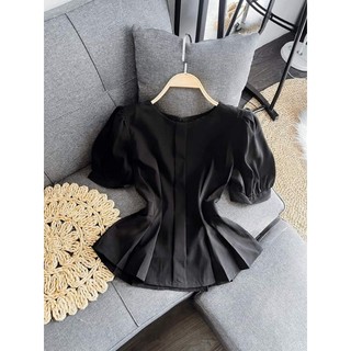 Áo cổ tròn tay búp thắt eo peplum