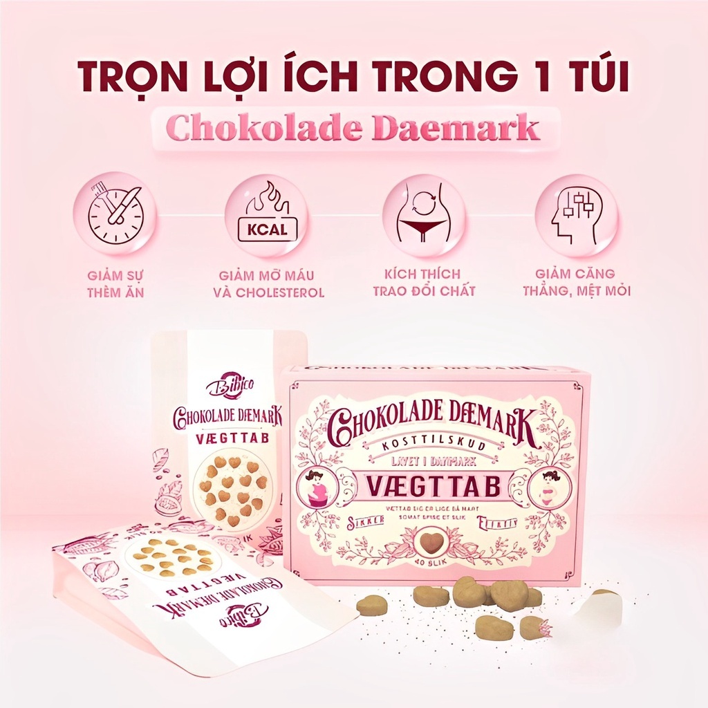 Kẹo giảm cân Đan Mạch, kẹo socola giảm cân hiệu quả an toàn Vaegttab - Hộp 40 Viên