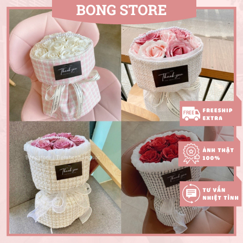 Bó Hoa Hồng Sáp KÈM TÚI gói vải dạ tweed, giấy gấm Hàn nhiều mẫu làm quà tặng sinh nhật, 20/10