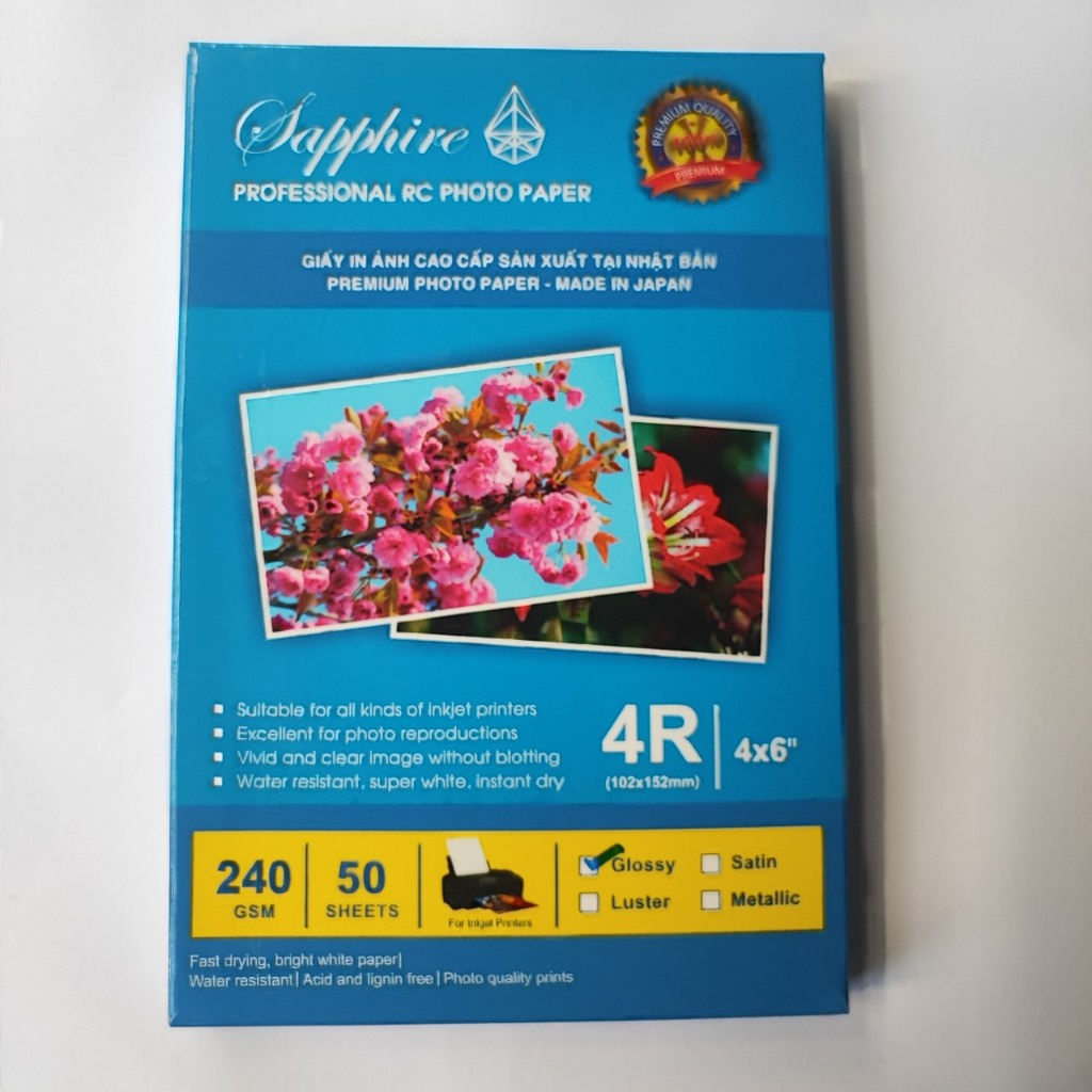 Giấy in ảnh Sapphire RC Glossy 10x15 240gsm 4R  Chính hãng Nhật Bản, giấy in ảnh 1 mặt, dùng cho máy in phun