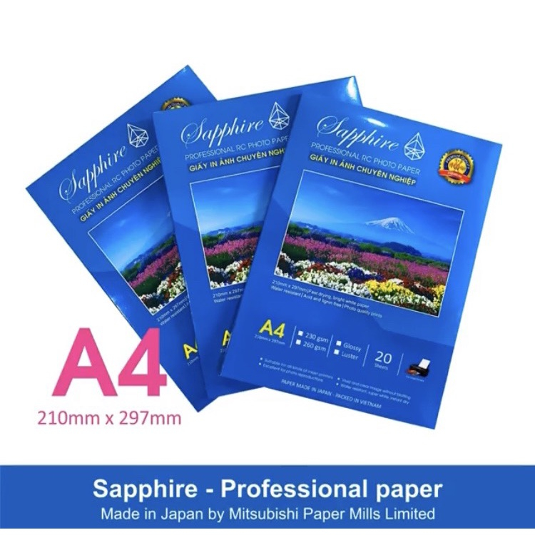 Giấy in ảnh Sapphire RC Glossy A4 230gsm  - Chính hãng Nhật Bản, giấy in ảnh 1 mặt, dùng cho máy in phun