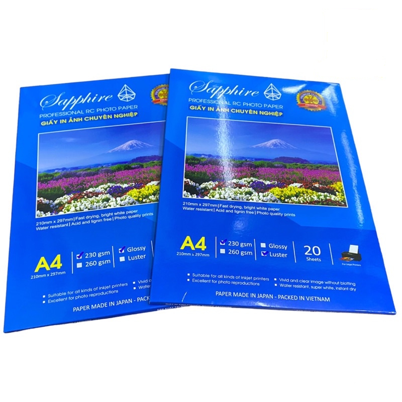 Giấy in ảnh Sapphire RC Glossy A4 230gsm  - Chính hãng Nhật Bản, giấy in ảnh 1 mặt, dùng cho máy in phun