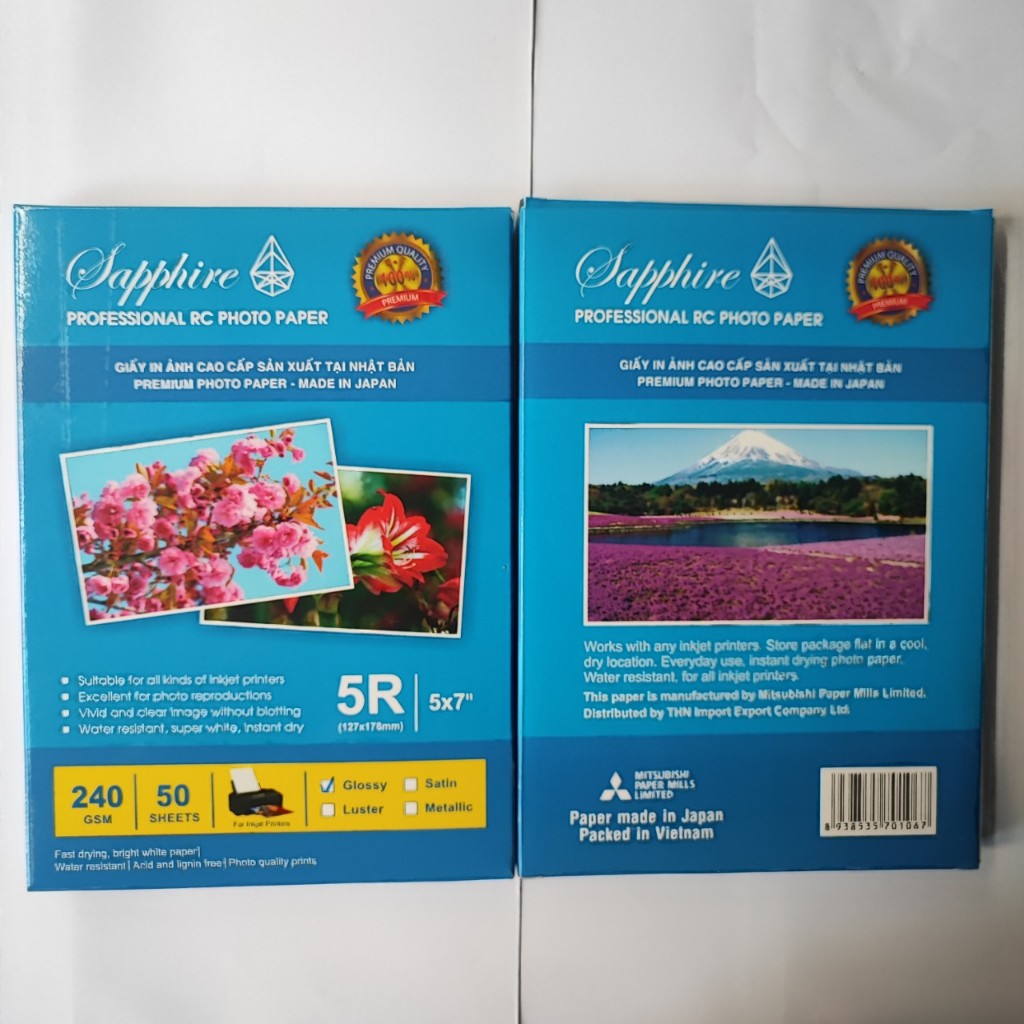 Giấy in ảnh Sapphire RC Glossy 13x18 240gsm 5R  Chính hãng Nhật Bản, giấy in ảnh 1 mặt, dùng cho máy in phun