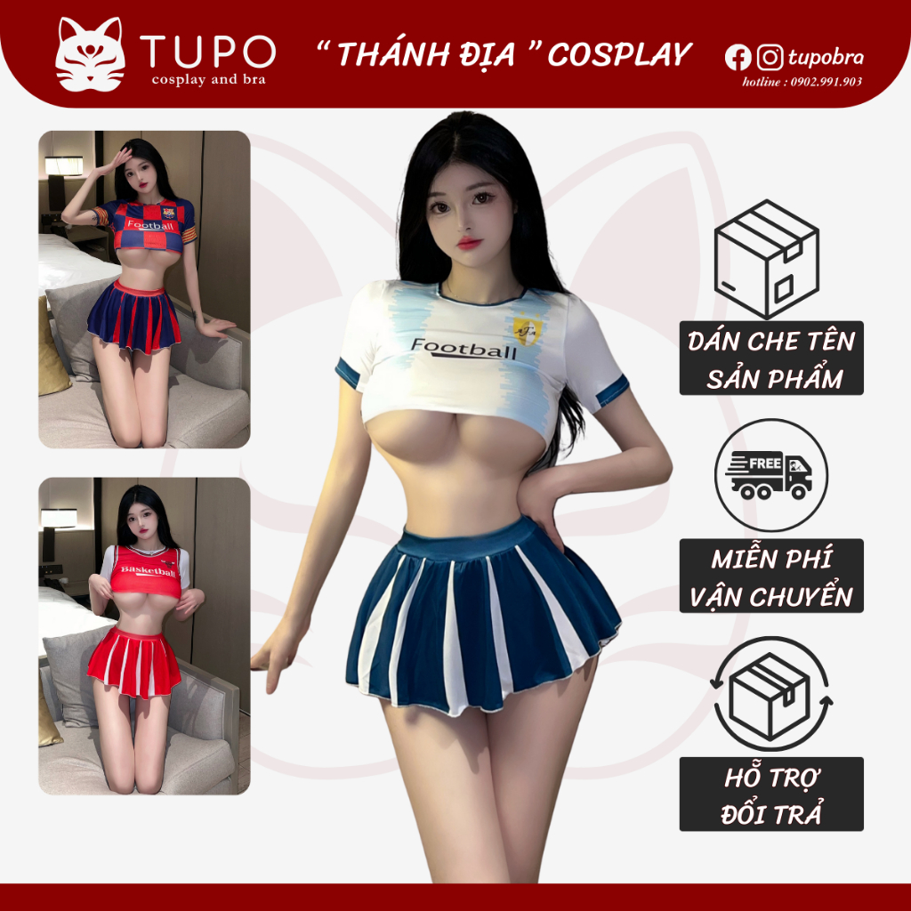 Cosplay cổ động viên bóng đá gợi cảm hai mảnh sexy váy xếp ly áo crop kèm chip lọt khe quyến rũ