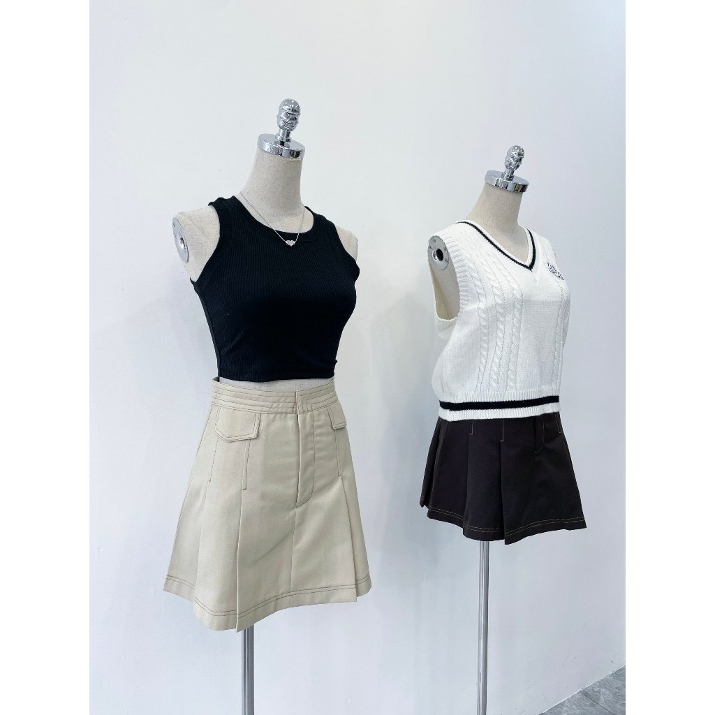 Chân váy kaki nắp túi giả cạp cao xếp li dáng A có quần lót trong | ROZI SKIRT| Secodee