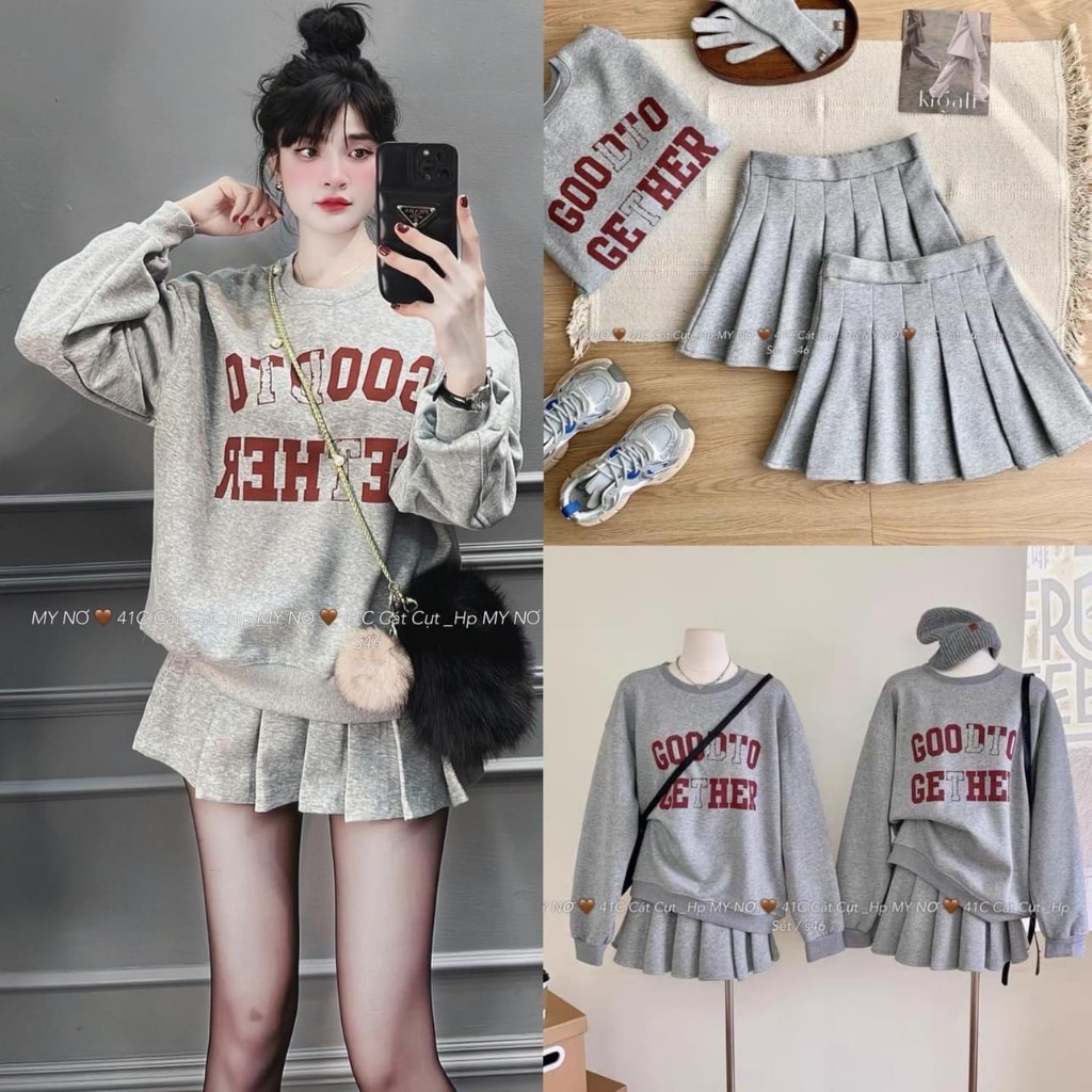 Set Bộ Đồ Nữ Áo Nỉ Dáng Dài In GOOĐTO Mix Chân Váy Xếp Ly Dáng Dài Freesize