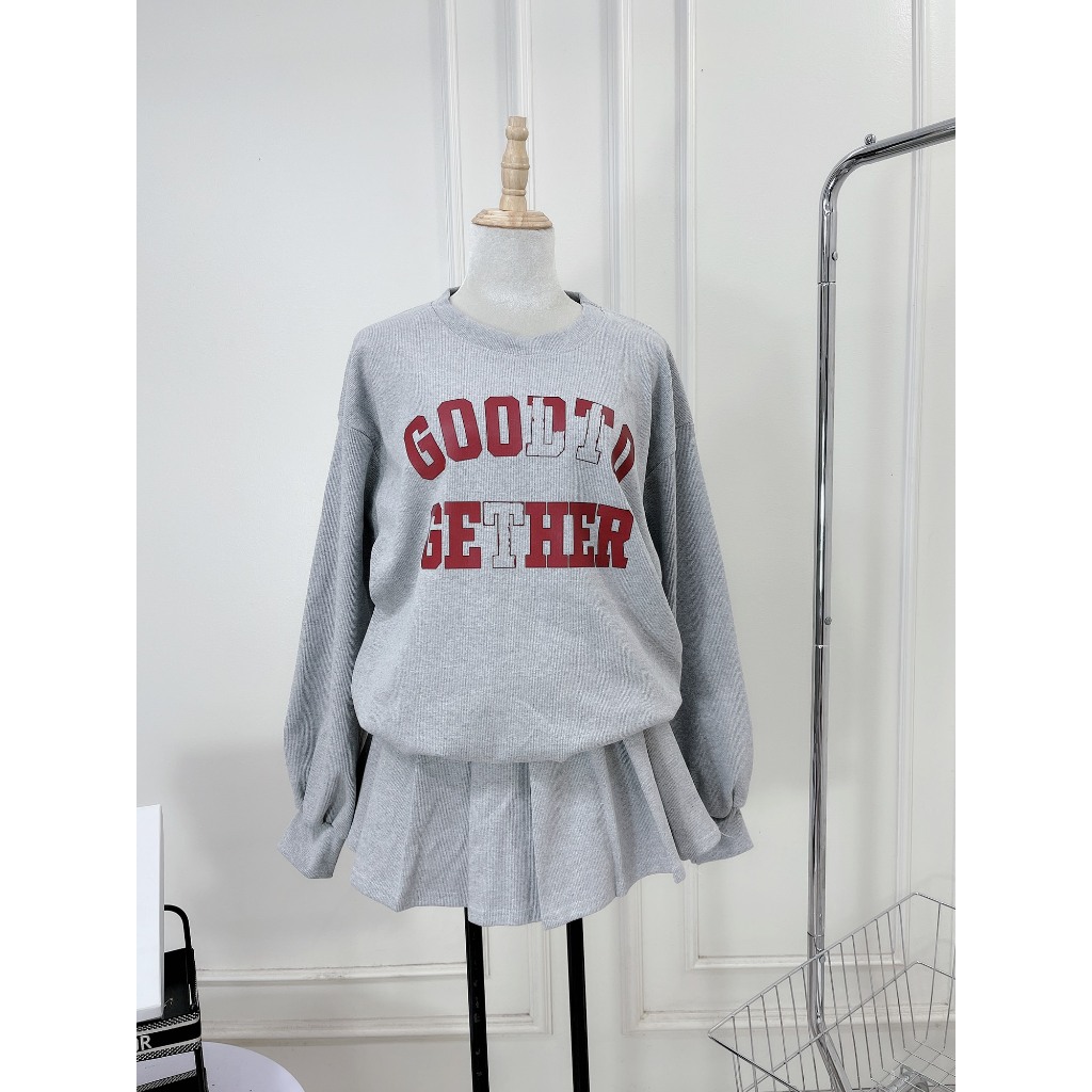 Set Bộ Đồ Nữ Áo Nỉ Dáng Dài In GOOĐTO Mix Chân Váy Xếp Ly Dáng Dài Freesize