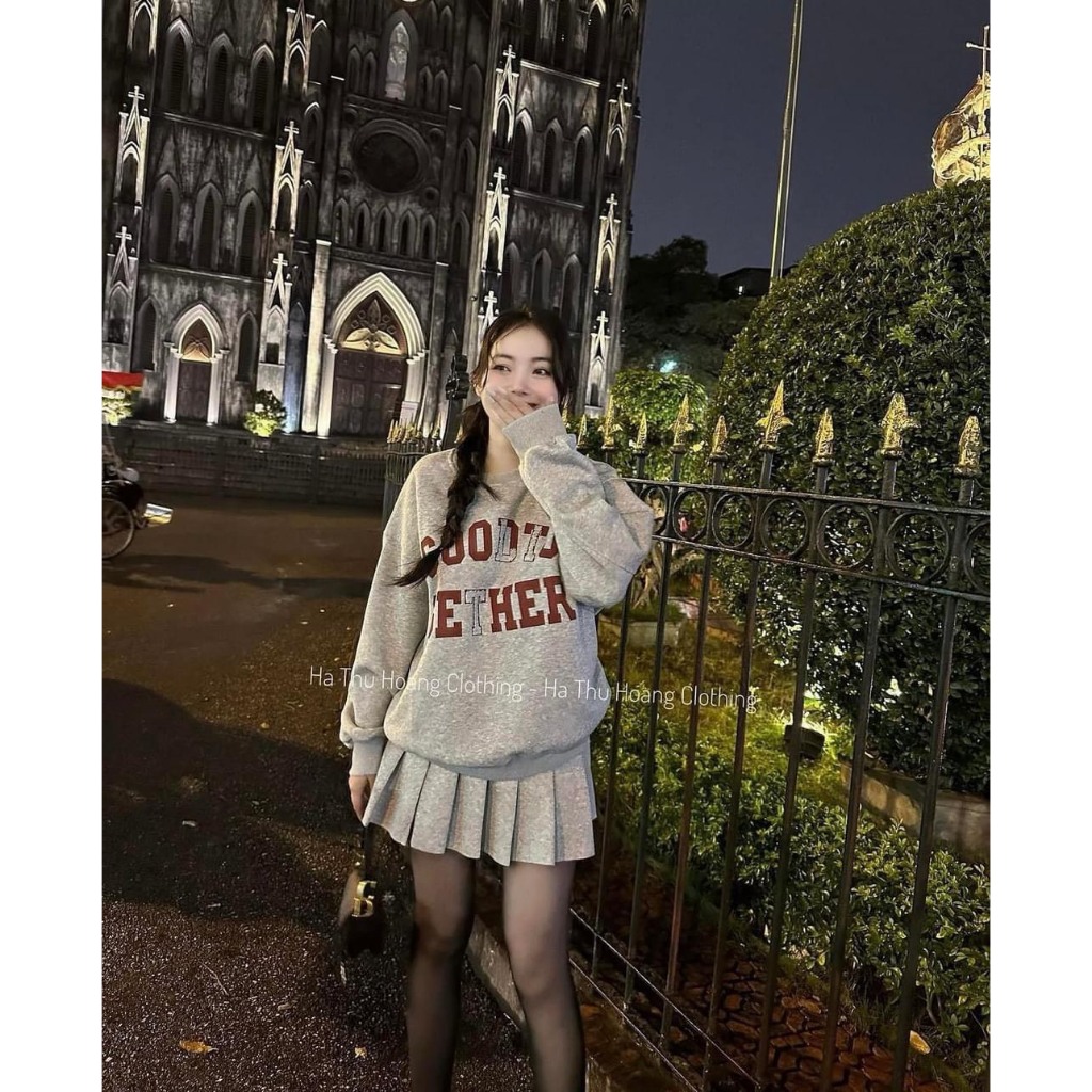 Set Bộ Đồ Nữ Áo Nỉ Dáng Dài In GOOĐTO Mix Chân Váy Xếp Ly Dáng Dài Freesize