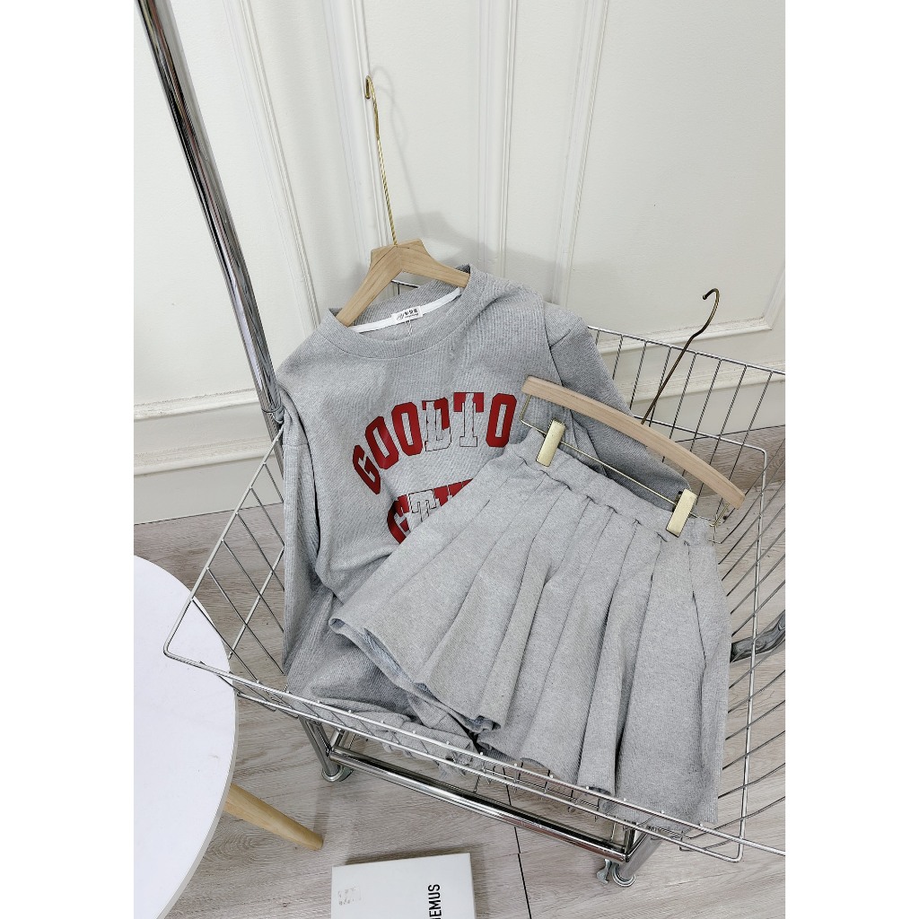 Set Bộ Đồ Nữ Áo Nỉ Dáng Dài In GOOĐTO Mix Chân Váy Xếp Ly Dáng Dài Freesize