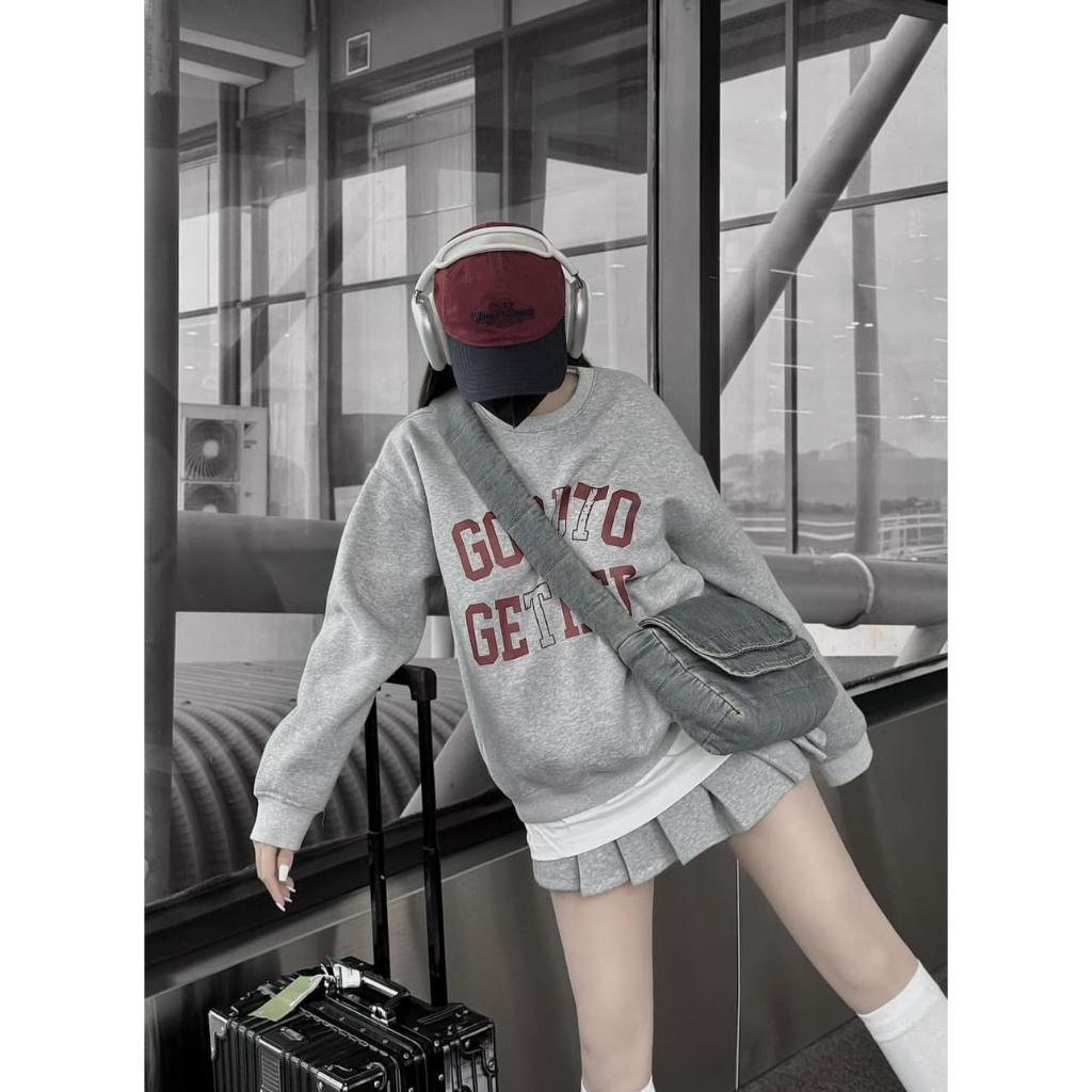 Set Bộ Đồ Nữ Áo Nỉ Dáng Dài In GOOĐTO Mix Chân Váy Xếp Ly Dáng Dài Freesize