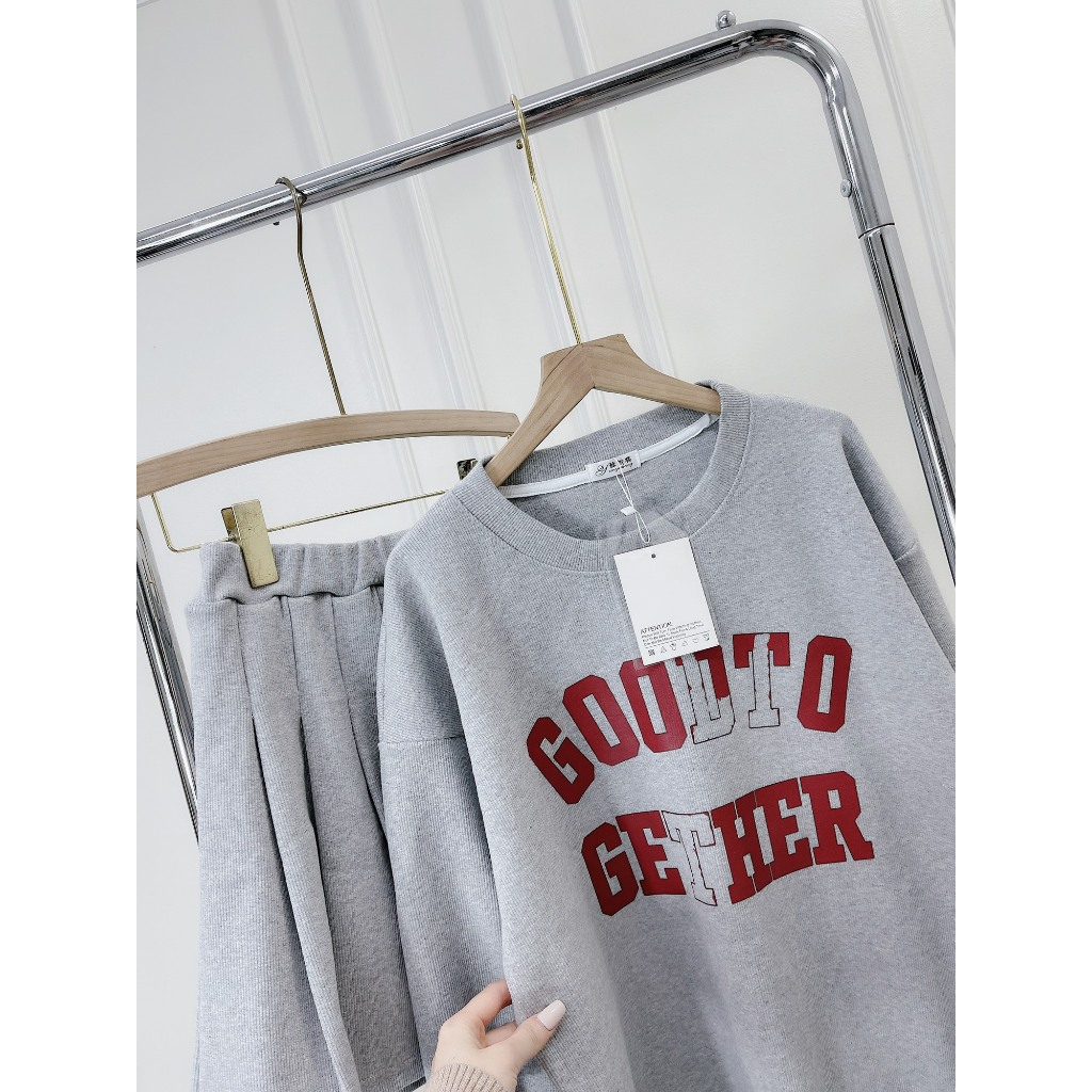 Set Bộ Đồ Nữ Áo Nỉ Dáng Dài In GOOĐTO Mix Chân Váy Xếp Ly Dáng Dài Freesize