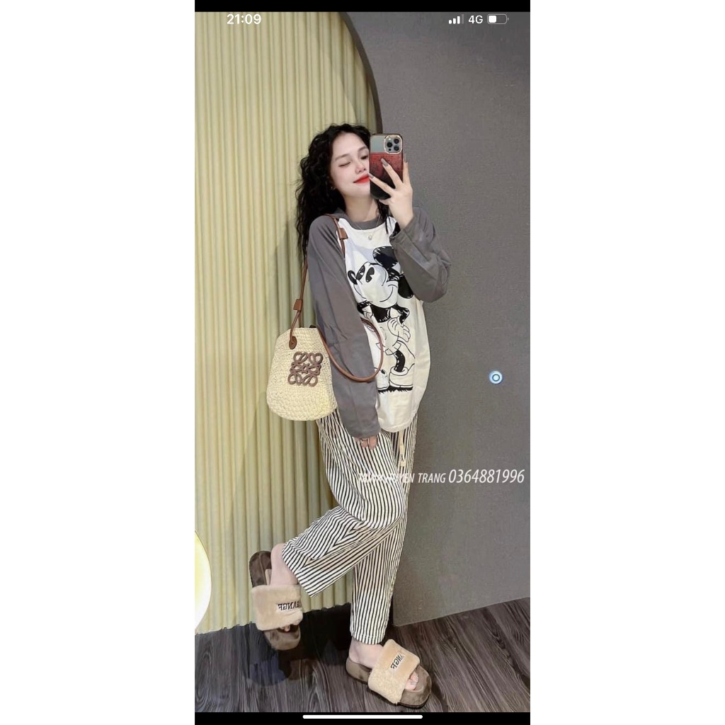 Set Bộ Đồ Nữ Áo Thun Dáng Dài  In Hình Micky Đứng Mix Quần Xuông Kẻ Caro Dáng Dài Freesize