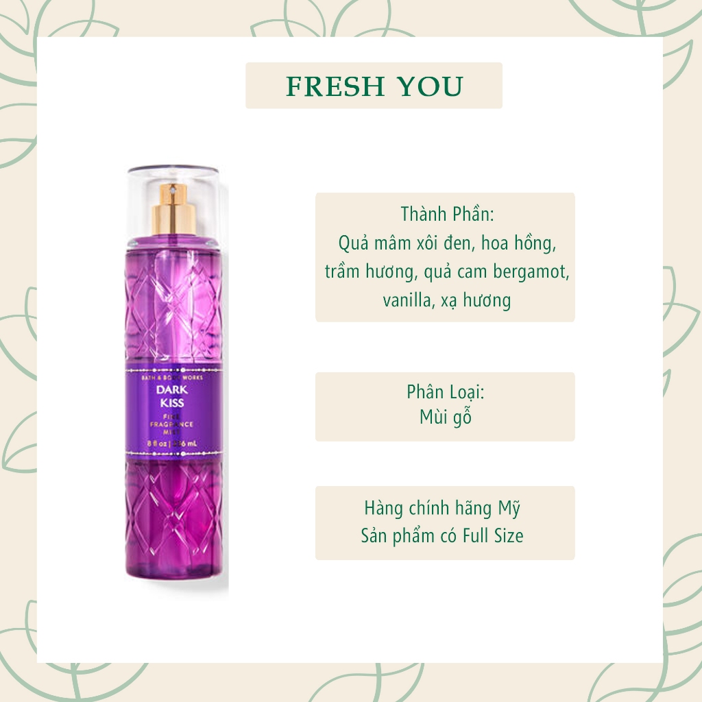 Dark Kiss - Full Size Xịt Thơm Toàn Thân Bath & Body Works (Body Mist, Lotion, Sữa tắm) - fresh you