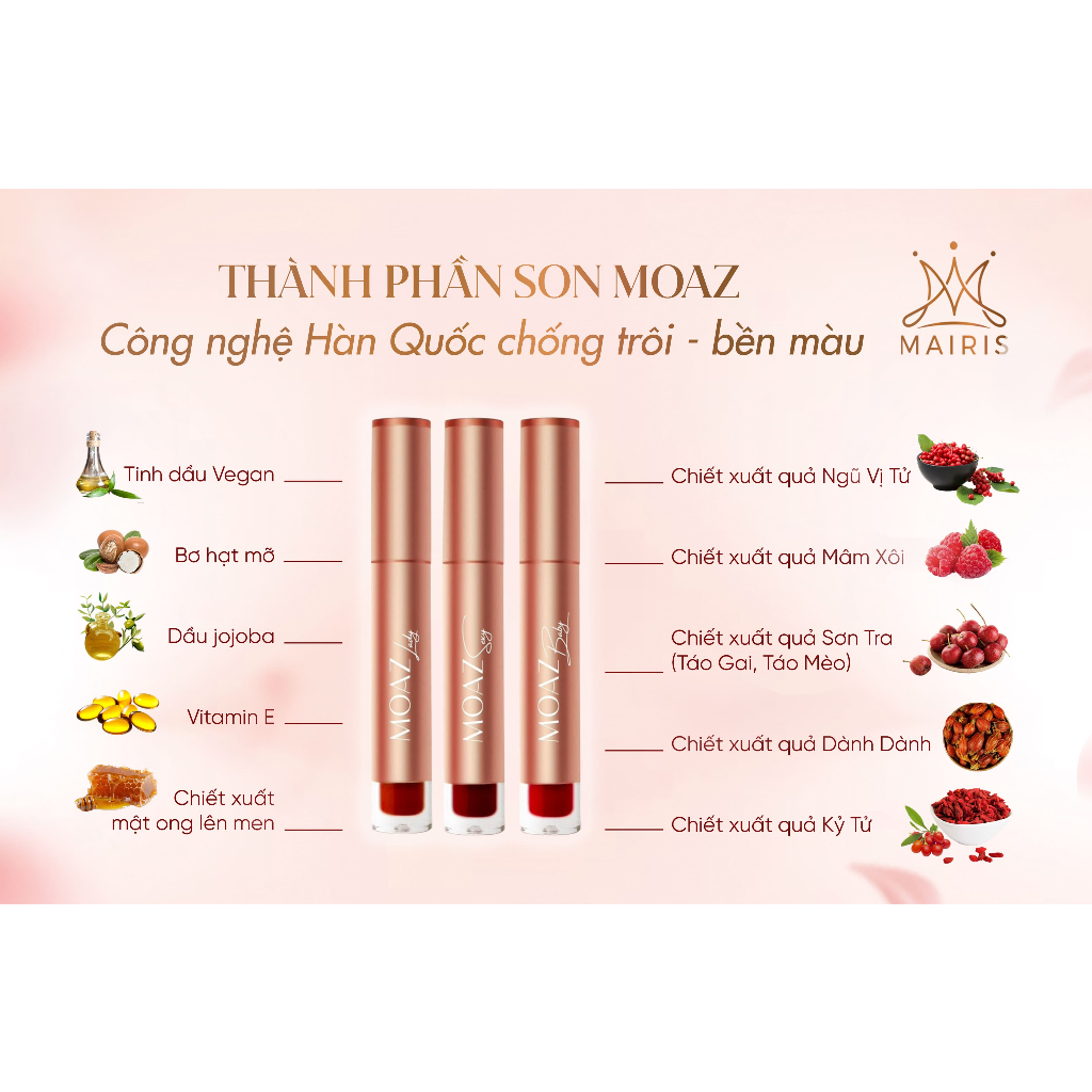 Son Lì Moaz Mairis HUYỀN PHI 10ml Chính Hãng Bền Màu Chống Trôi Không Chì Dưỡng Môi Mịn Màng