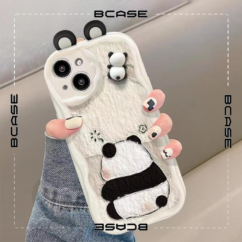 Ốp Điện Thoại Viền nổi cạnh sóng Gấu trúc quay lưng cute gắn tai 11 12 13 14 8 Plus xsmax 11 Pro 14 Plus 13 Promax xx86