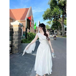 [12.12 Sales Freeship] Đầm trắng tiểu thư nữ, đầm trắng xòe dáng dài chất tapda phối voan lệch vai đi tiệc sang trọng dx
