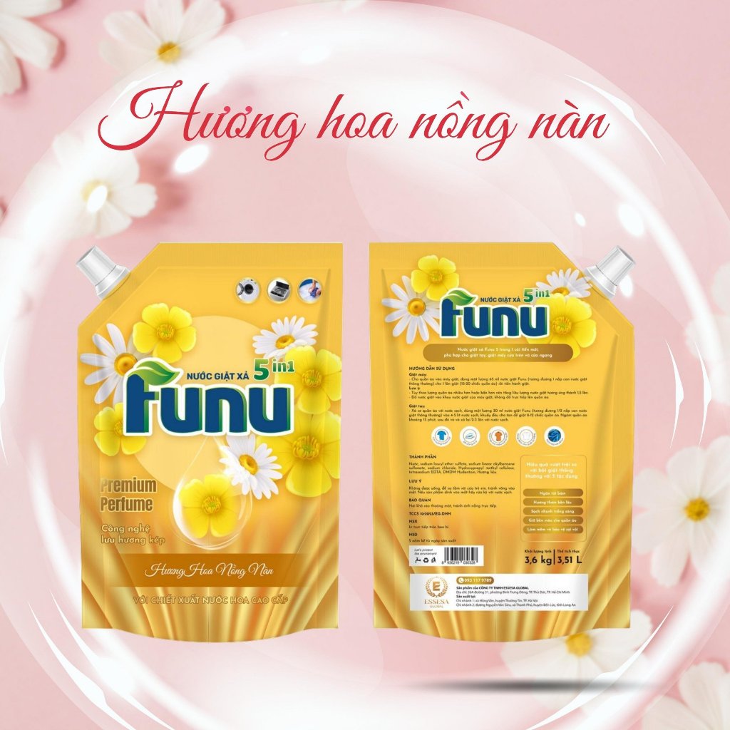 Túi nước giặt xả Funu 3.6kg hương nước hoa cao cấp, giặt sạch ngăn tái bám, giữ bền màu cho vải, lưu hương 24h Màu Vàng
