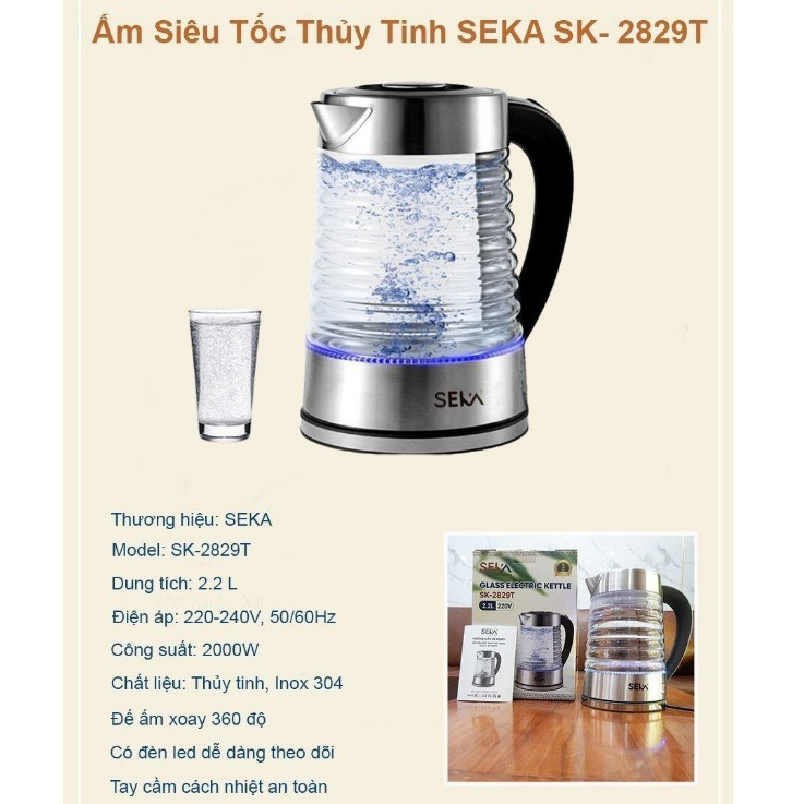 Ấm siêu tốc thủy tinh HOHO, Ấm đun nước 2.2L công suất 2000W chịu nhiệt tốt, inox 304 an toàn nấu nước nhanh sôi