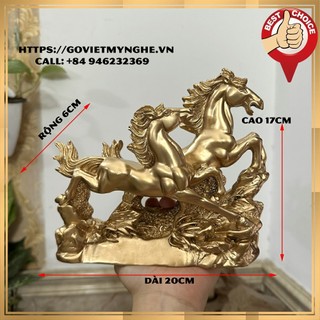 Tượng đá song mã phong thủy để bàn làm việc - Dài 11cm - màu nhũ đồng