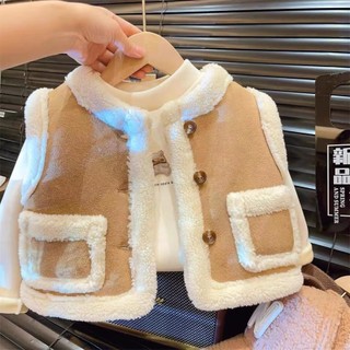   ORDER  Áo khoác gile da lộn có túi phối viền lông cừu đáng yêu điệu đà cho bé gái thu đông 