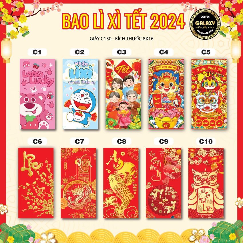 Bao Lì Xì Màu Đỏ Đẹp Bao Lì Xì Tết 2024 Giấy C150 Xịn Cứng Túi Độc Lạ Hoạt Hình Con Rồng Giáp Thìn Shop Galaxycoffee