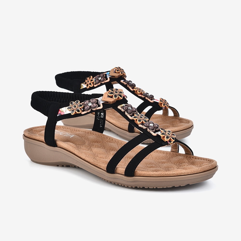 Giày Sandals Nữ Zucia Quai T-trap Đế Bằng Quai Thun Đính Hoa Đá Cao 3cm - SHLE3