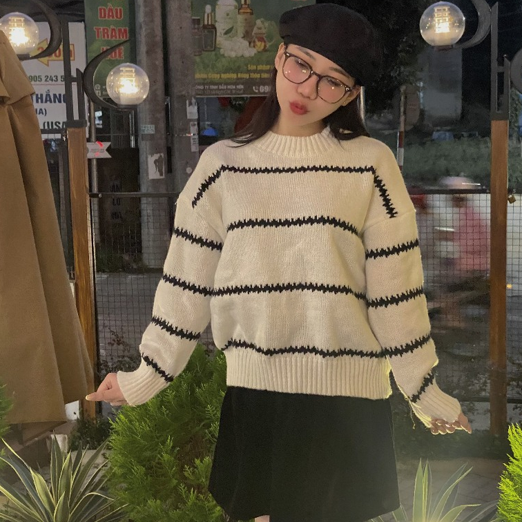 Áo len sọc mềm mịn, co giãn 2 màu trắng đen, len Quảng Châu, áo dài tay 1969store