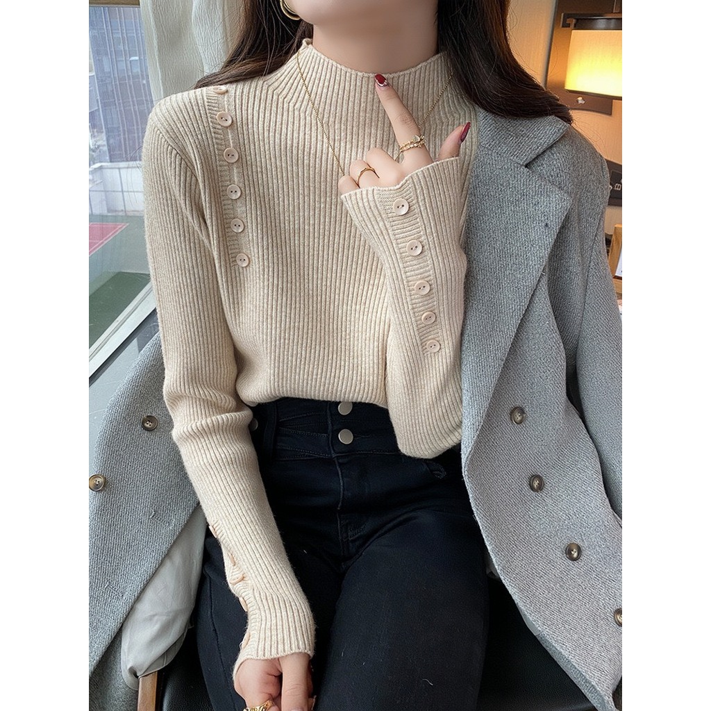 Áo len tăm cổ 3 phân nút tay và vai mềm mịn, co giãn nhiều màu sắc, len Quảng Châu, áo cổ lọ 3 phân dài tay 1969store