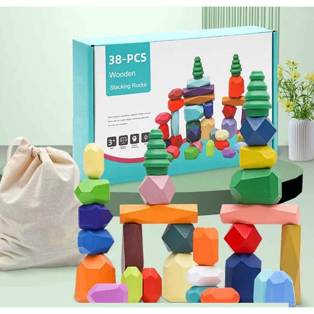 Đồ Chơi Xếp Viên Đá Lên Nhau Cân Bằng Cho Bé Có Túi Bảo Quản Loại 28 Và 38 Viên