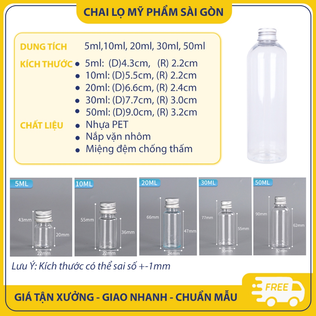 Chai nhựa PET chiết mỹ phẩm, 5ml, 10ml, 20ml, 30ml, 50ml,  chai nắp vặn nhôm chắc chắn - BuyOne - BOPE05