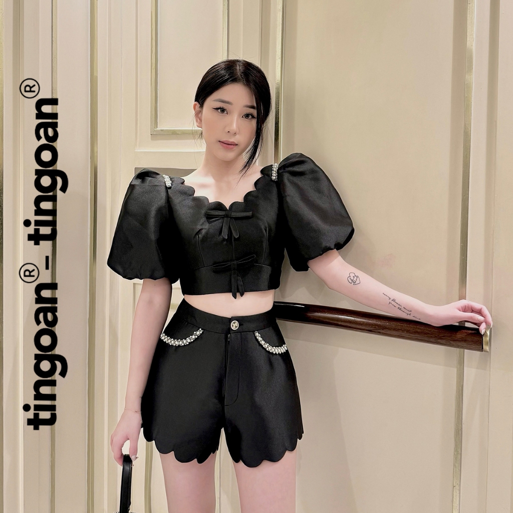 TINGOAN® - Áo croptop tafta thiết kế điệu tay bồng nơ lưng đen LOVE LINER TOP/BL