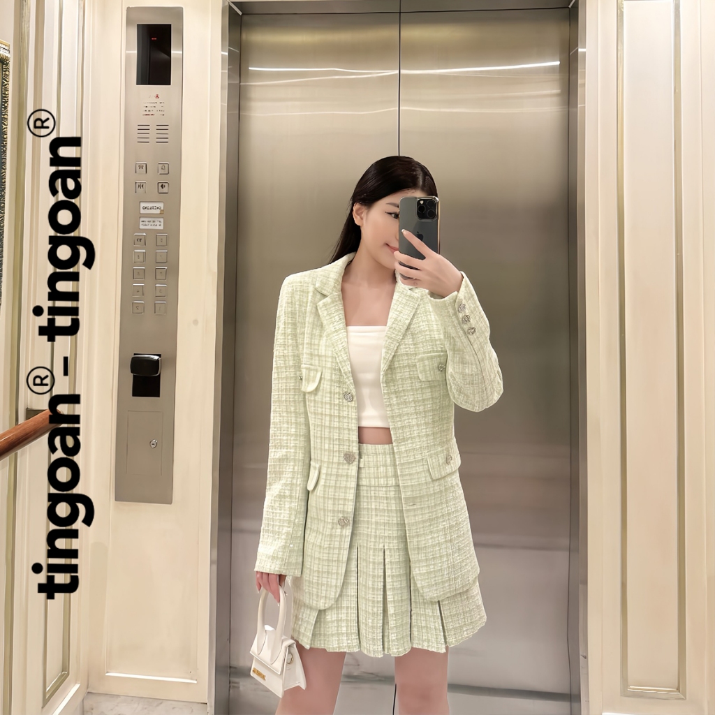 TINGOAN® - Áo khoác tweed blazer freesize TWEED đính cúc lấp lánh dáng dài 2 lớp xanh CHERRY CHAMPAGNE BLAZER/GREEN