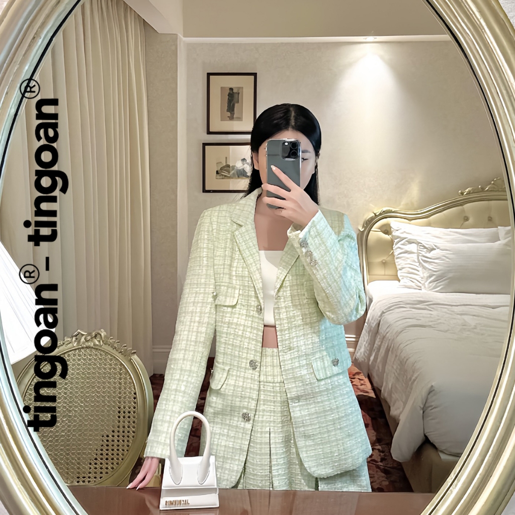 TINGOAN® - Áo khoác tweed blazer freesize TWEED đính cúc lấp lánh dáng dài 2 lớp xanh CHERRY CHAMPAGNE BLAZER/GREEN