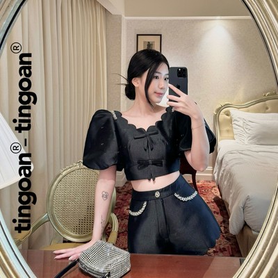 TINGOAN® - Áo croptop tafta thiết kế điệu tay bồng nơ lưng đen LOVE LINER TOP/BL