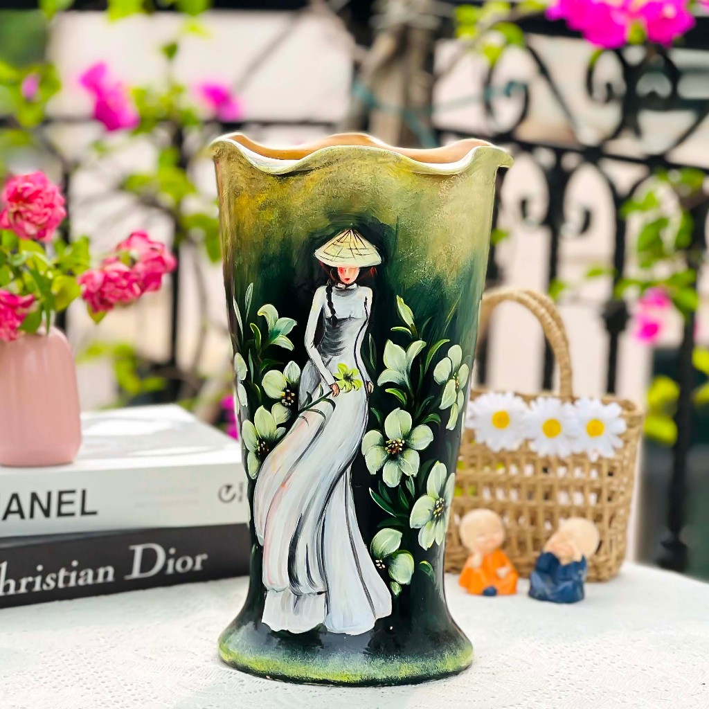 Bình hoa gốm sứ Bát Tràng, lọ hoa vẽ thủ công sơn mài 3D tỉ mỉ cao 38 cm decor trang trí phòng khách sang trọng, cao cấp