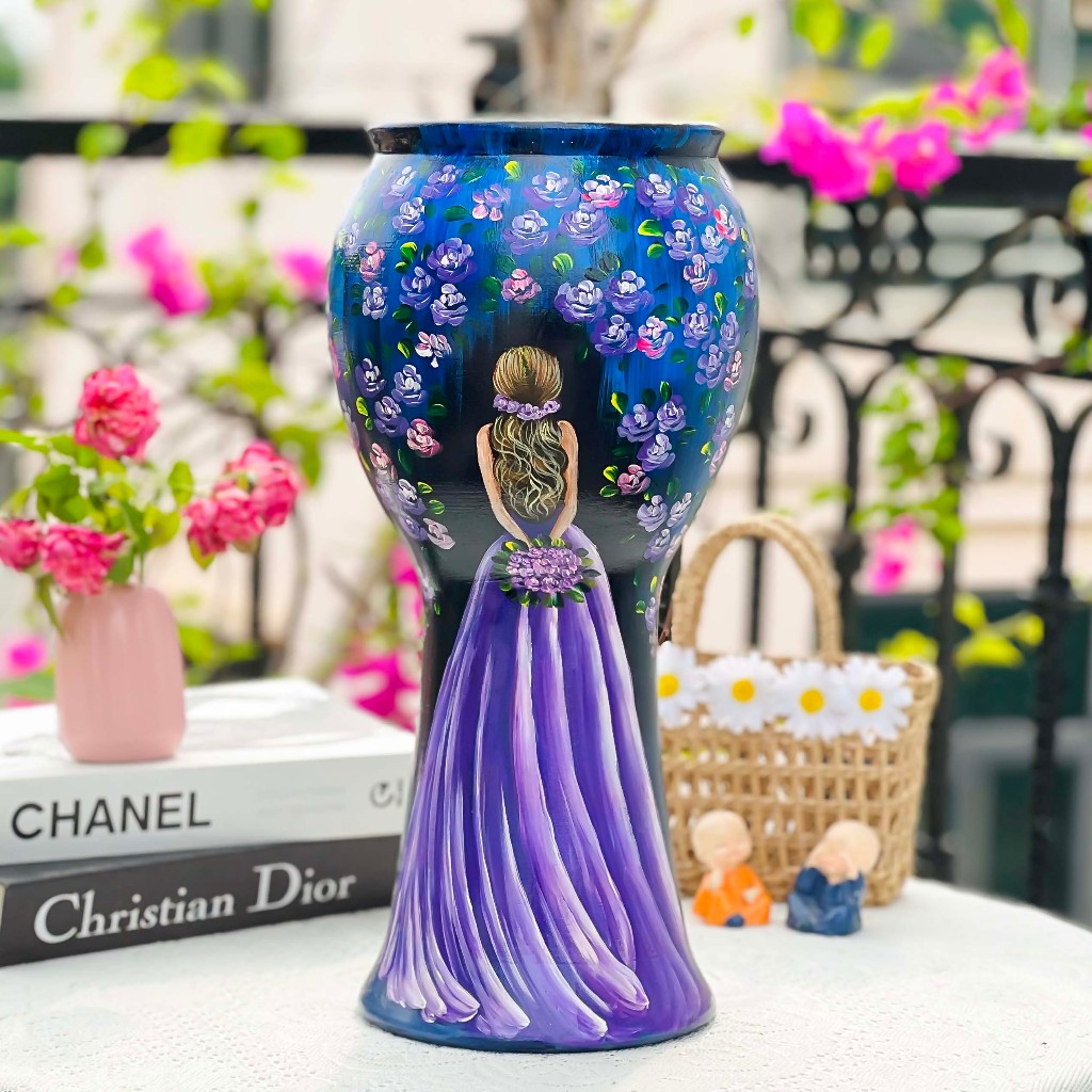 Bình hoa gốm sứ Bát Tràng, lọ hoa vẽ thủ công sơn mài 3D tỉ mỉ cao 38 cm decor trang trí phòng khách sang trọng, cao cấp
